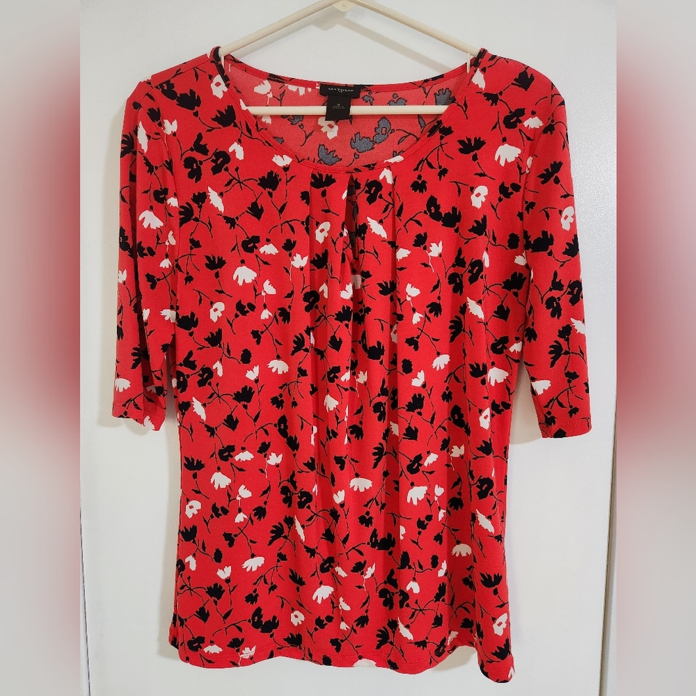Anne Taylor Orange Floral Pleat-Front Tunic Top